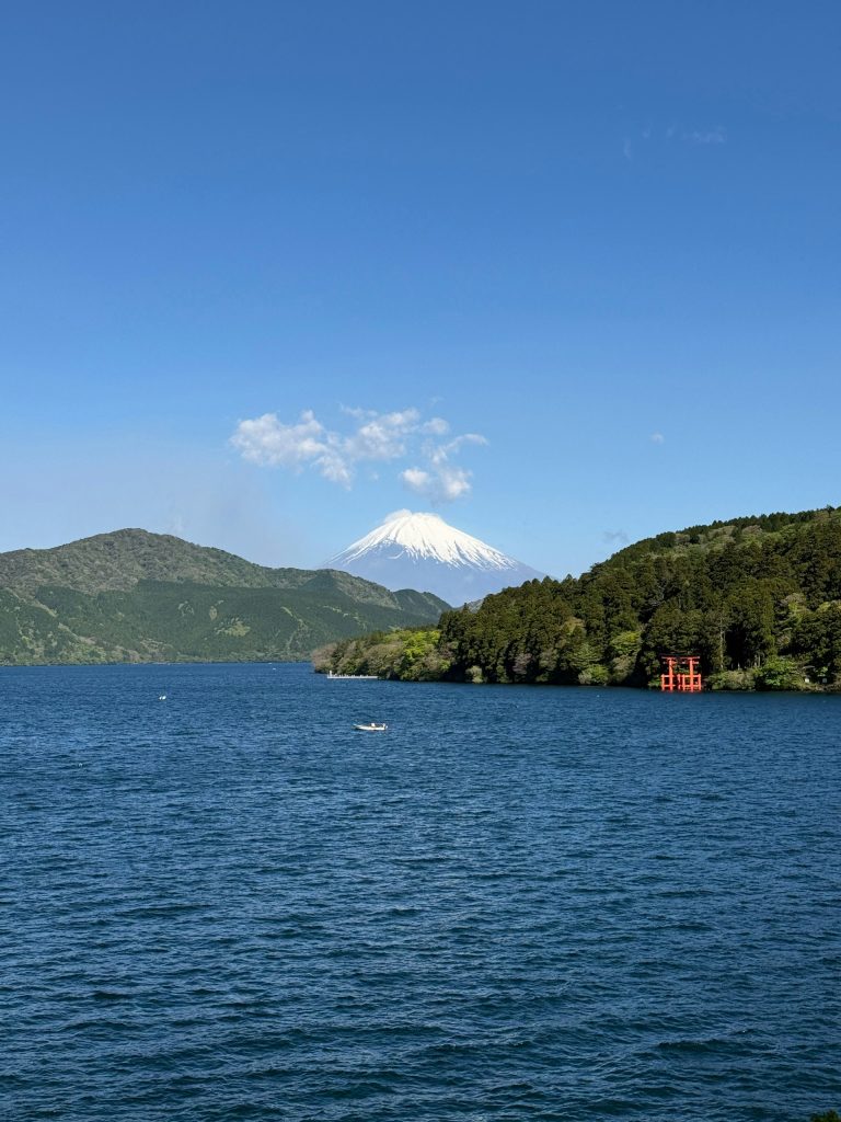 hakone solo travel view of lake ashi with red torii gate and mount fuji