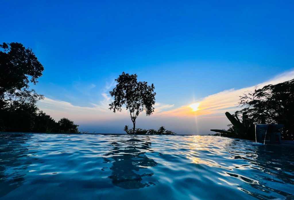 A tranquil sunset view from a luxury infinity pool overlooking a lone tree silhouette, illustrating calm solo wellness retreats for women over 50.