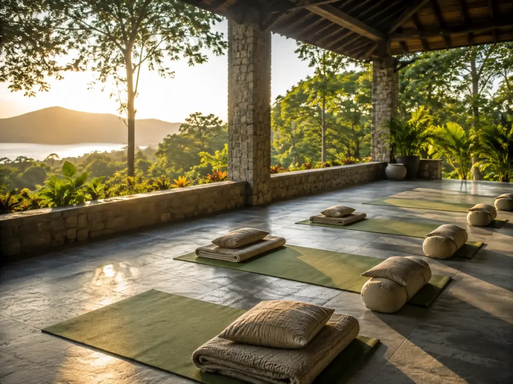 Yoga mats arranged on a wooden deck facing the ocean at sunrise, illustrating yoga retreats for women over 50.