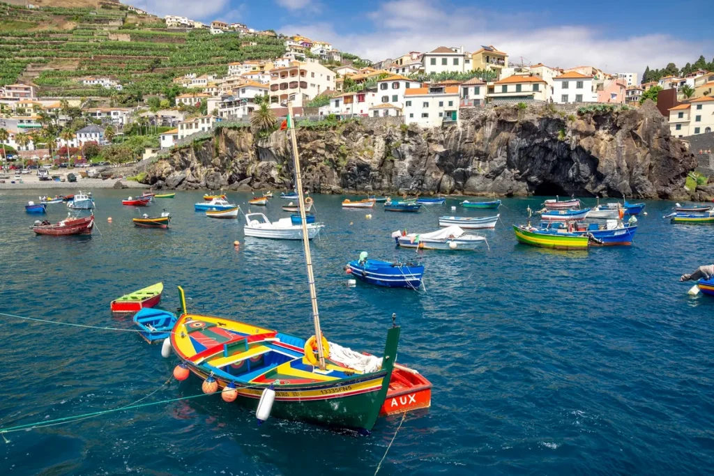 Solo travel Madeira: colorful painted fishing boats in the harbor at Câmara de Lobos, with the terraced hillside town above the cliffs.