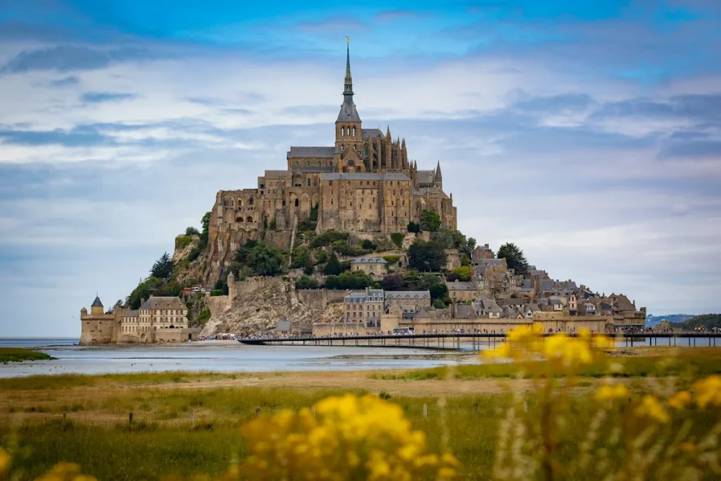 Normandy travel — Mont-Saint-Michel abbey rising above the bay and its causeway, with yellow wildflowers in the foreground meadow