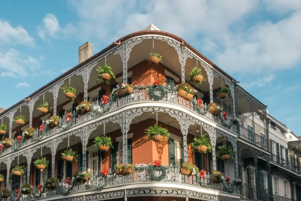 solo travel New Orleans — a classic French Quarter corner building with lacy cast-iron balconies and hanging ferns against a blue sky