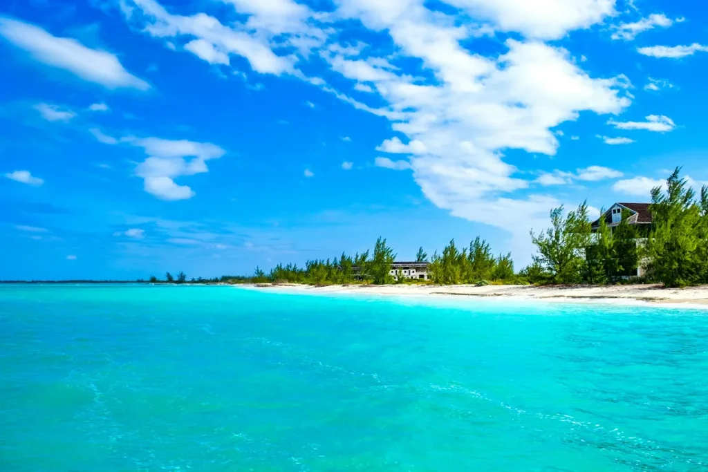 solo travel Turks and Caicos — a calm turquoise bay and pale-sand beach lined with pines under a bright blue sky on Providenciales